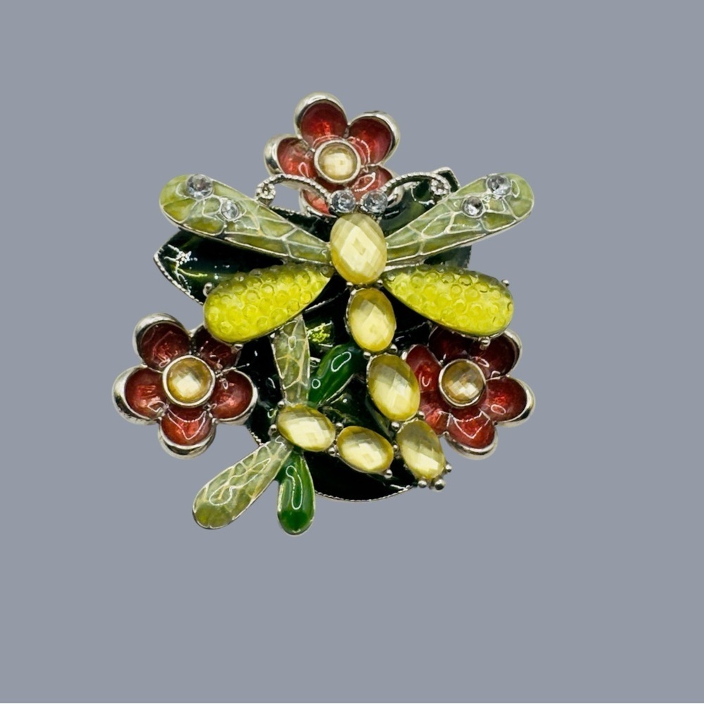 Vintage Multicolor Dragonfly Flowers Brooch Pin - 1980s - Picture 4 of 10